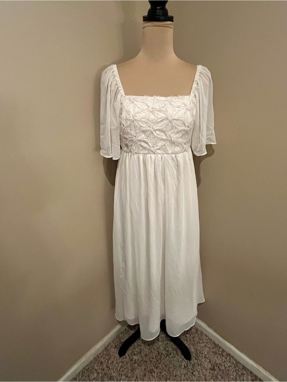 Baltic Born Off White Smocked Midi Dress with Flutter Sleeves